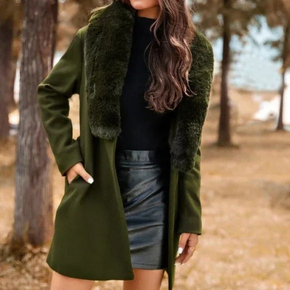 Faux fur collar Belted Overcoat Jacket Coat - Picture 3 of 6